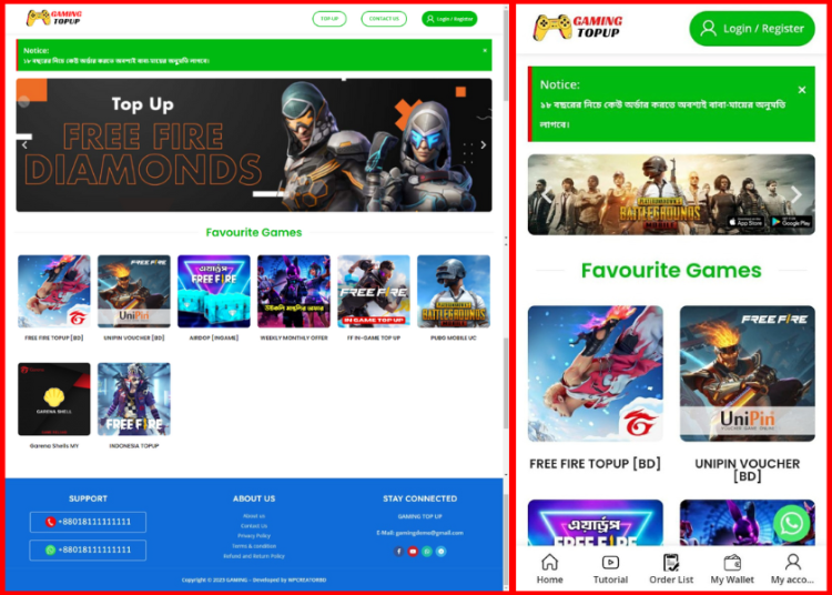 (Demo-2) FreeFire, PUBG, Games TopUp, Voucher, Gift Card Selling Website Code