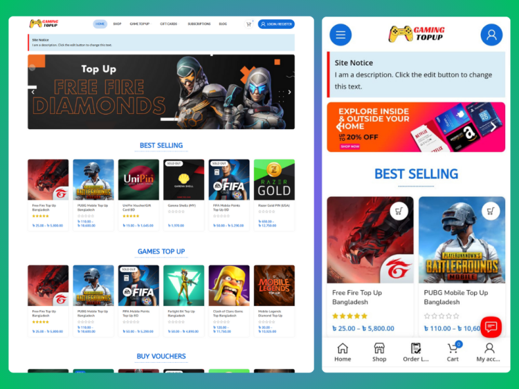 (Demo-1) Games TopUp, Voucher, Gift Card, Digital Product Selling Website Code